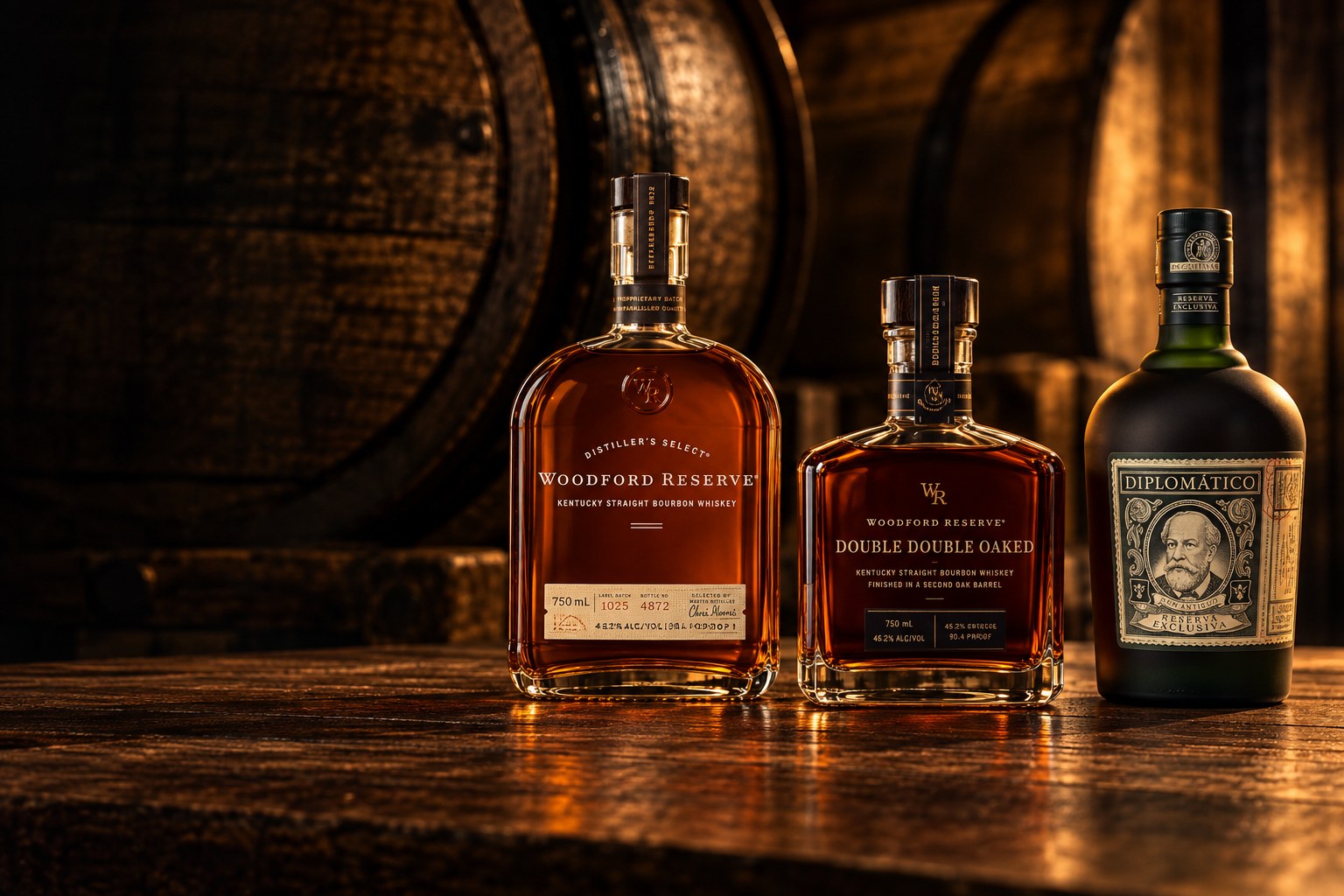 Illustration of Woodford Reserve bourbon, Woodford Reserve Double Double Oaked and Diplomático Reserva Exclusiva rum in an oak barrel setting